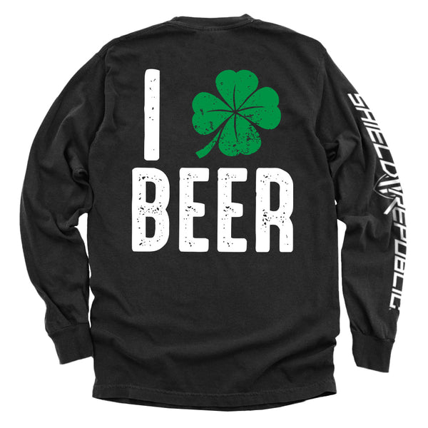 Black long-sleeve shirt with back print "I BEER" and green clover graphic