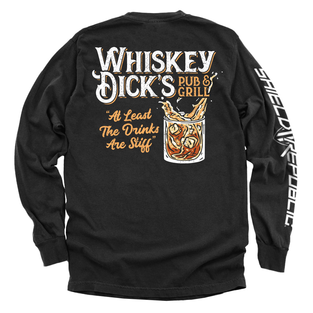 Black long sleeve shirt with back Whiskey Dick's Pub & Grill graphic print and sleeve text
