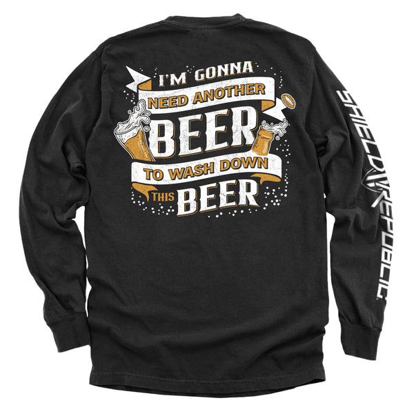 Black long-sleeve T-shirt with back beer slogan graphic and white side logo stripe