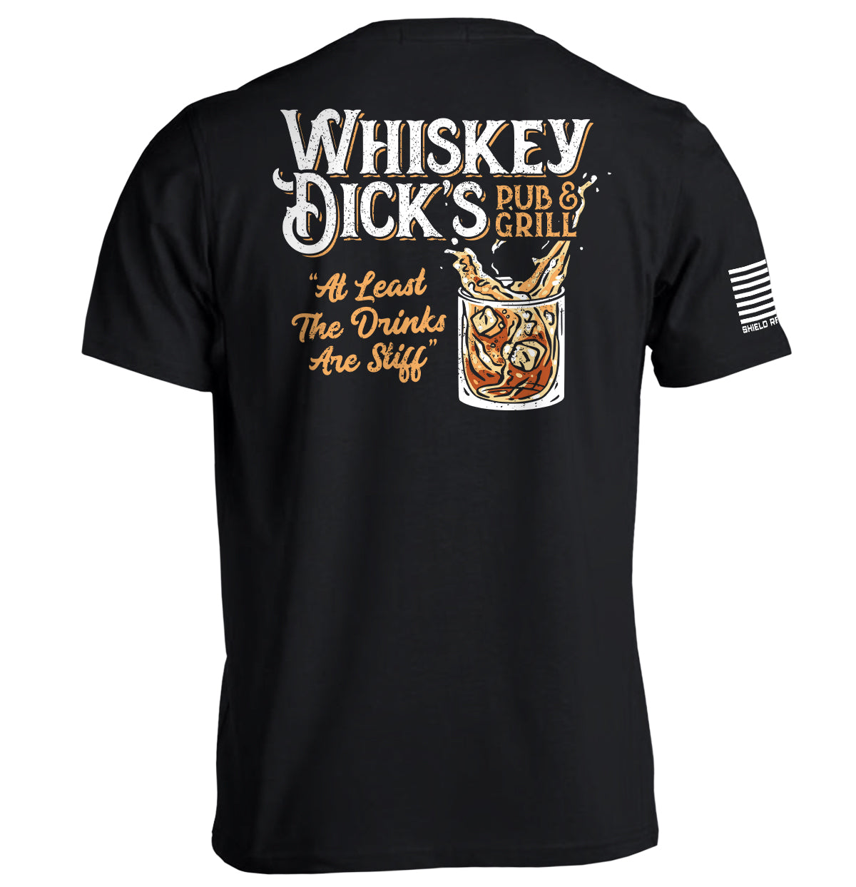 Black T-shirt with back Whiskey Dick's Pub & Grill graphic print and right sleeve stripes