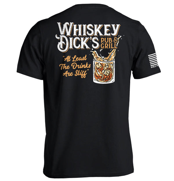 Black T-shirt with back Whiskey Dick's Pub & Grill graphic print and right sleeve stripes
