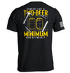 Black graphic T-shirt, back print of two beer cans with "MINIMUM" text; white sleeve stripe