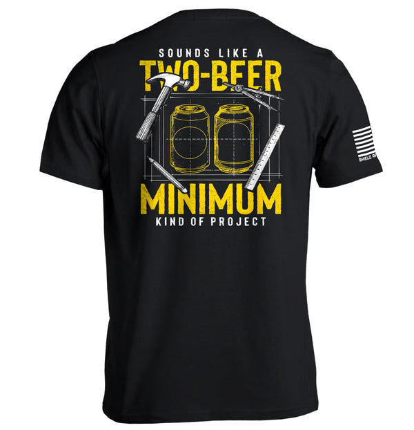 Black graphic T-shirt, back print of two beer cans with "MINIMUM" text; white sleeve stripe