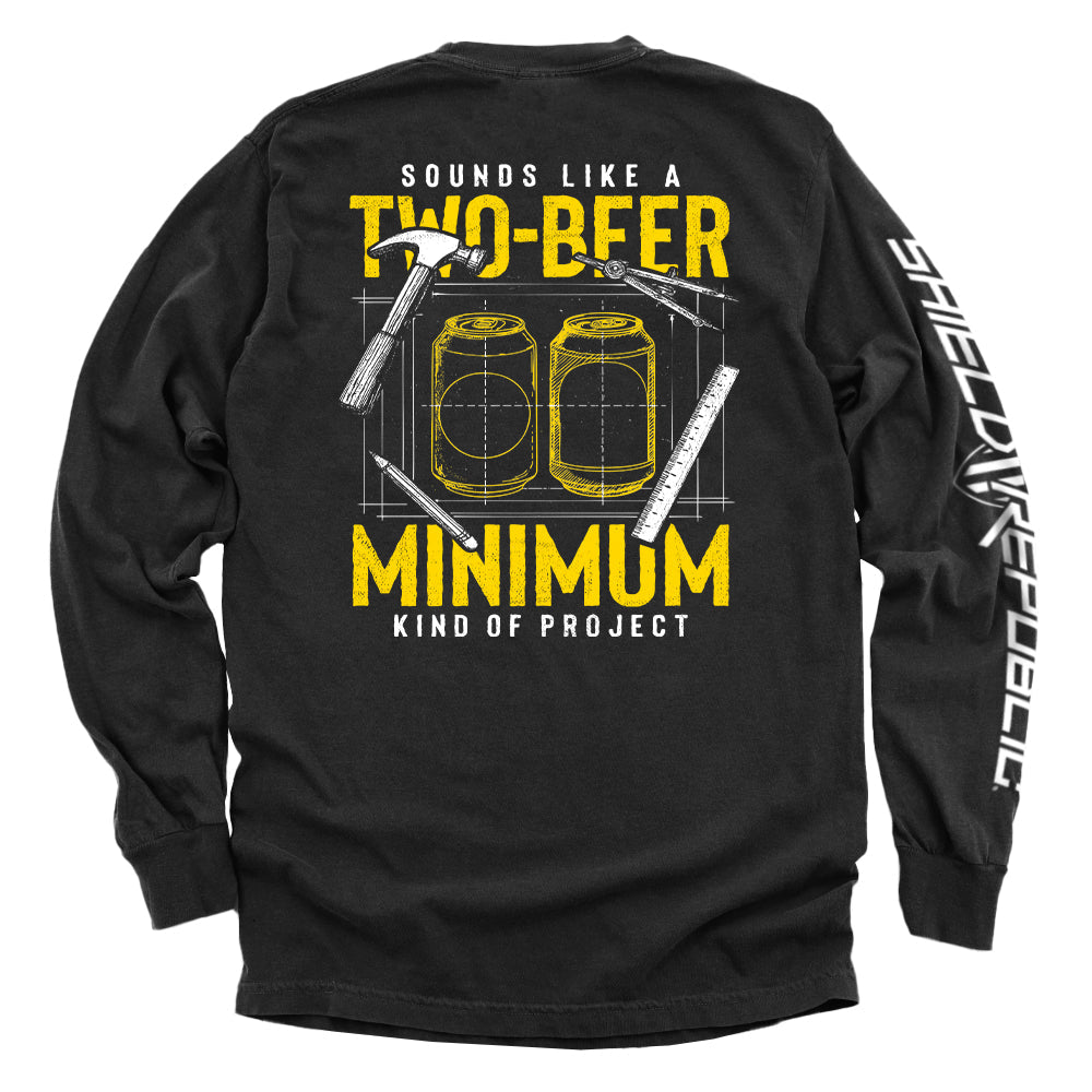 Black long-sleeve shirt, back print of two beer cans with 