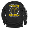 Black long-sleeve shirt, back print of two beer cans with "MINIMUM" text; diagonal sleeve print
