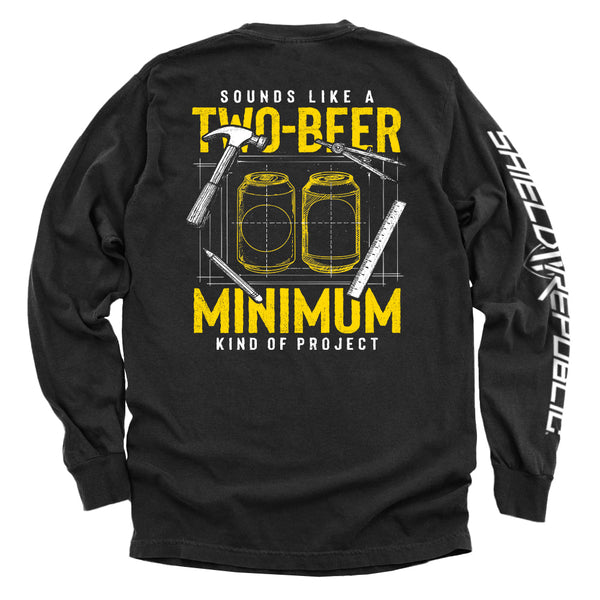 Black long-sleeve shirt, back print of two beer cans with "MINIMUM" text; diagonal sleeve print