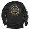 Black graphic long-sleeve shirt with circular bourbon-barrel slogan print on back