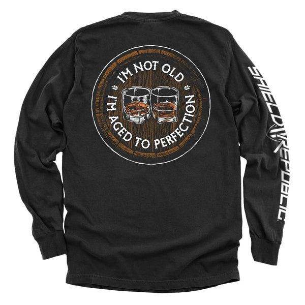 Black graphic long-sleeve shirt with circular bourbon-barrel slogan print on back