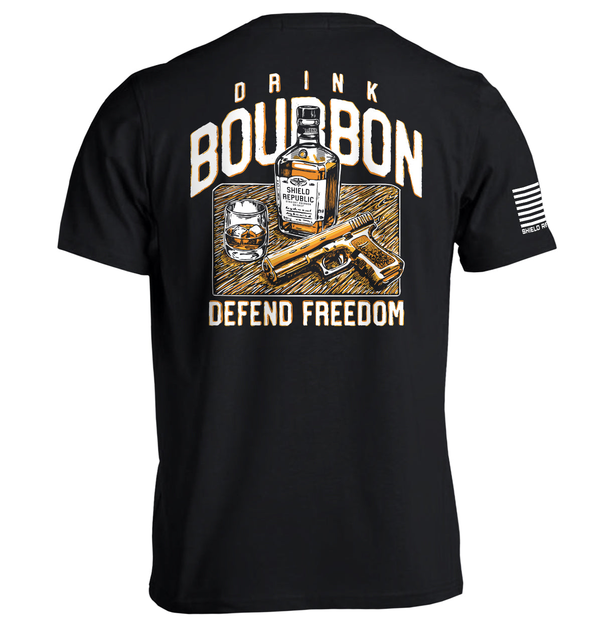Black T-shirt with back graphic: bourbon bottle, DRINK/BOURBON text, DEFEND FREEDOM