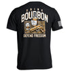 Black T-shirt with back graphic: bourbon bottle, DRINK/BOURBON text, DEFEND FREEDOM