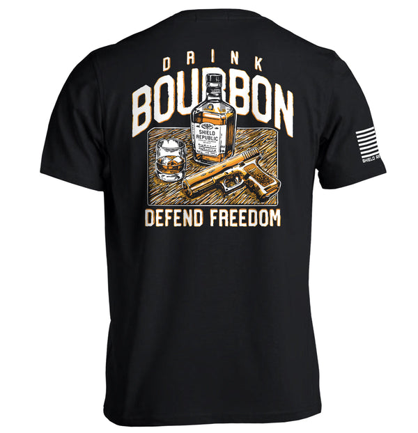 Black T-shirt with back graphic: bourbon bottle, DRINK/BOURBON text, DEFEND FREEDOM