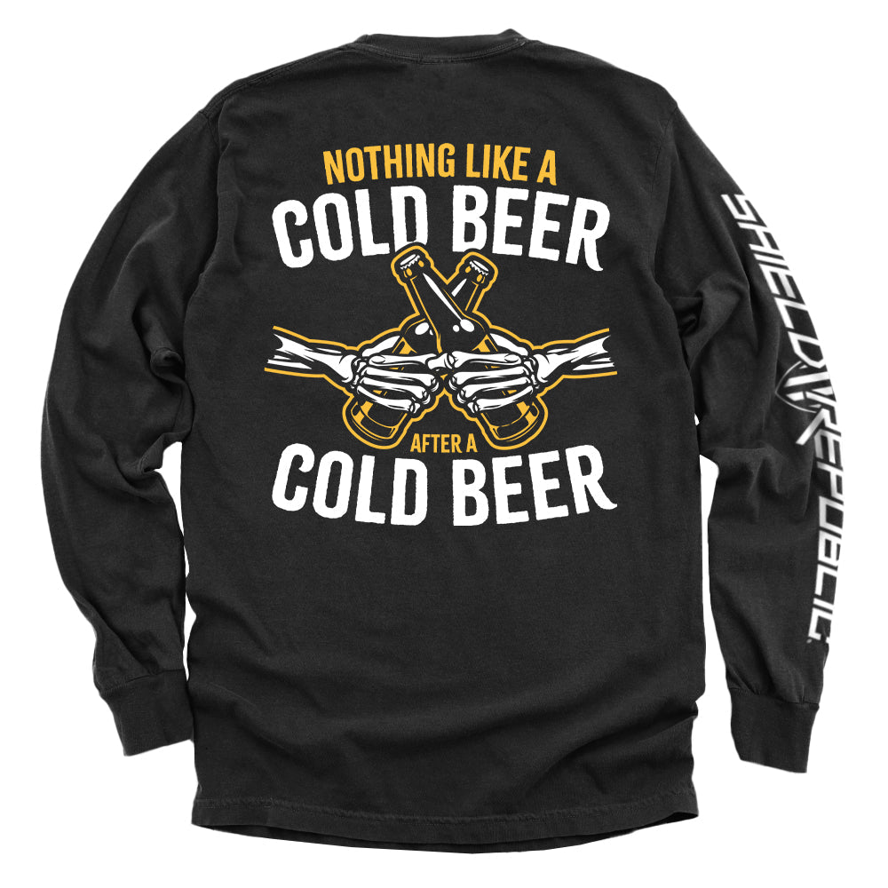 Black long-sleeve shirt, back text 'NOTHING LIKE A COLD BEER' with beer-bottle graphic