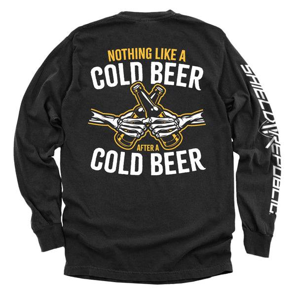 Black long-sleeve shirt, back text 'NOTHING LIKE A COLD BEER' with beer-bottle graphic