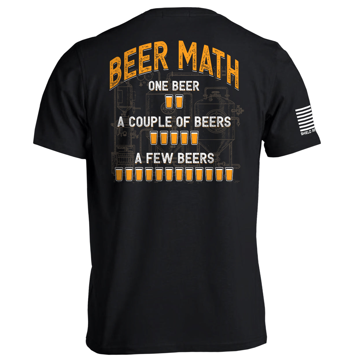 Beer Math graphic black T-shirt with orange beer-themed text on the back