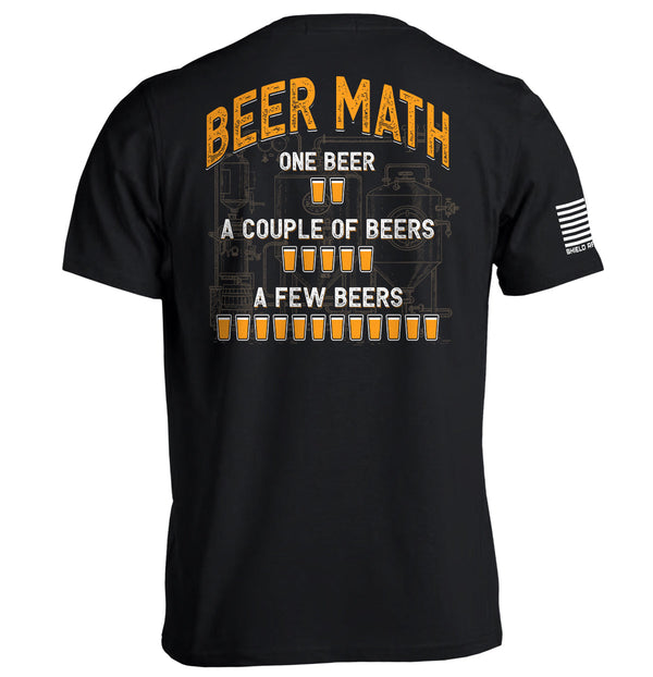 Beer Math graphic black T-shirt with orange beer-themed text on the back