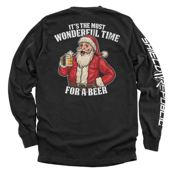 Black long-sleeve shirt, Santa holding a beer with back text "WONDERFUL TIME FOR A BEER"