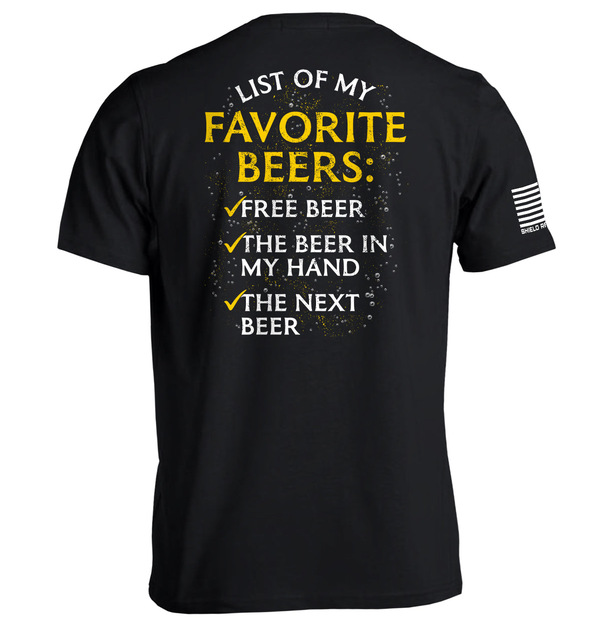 Black graphic T-shirt, back print: “List of My Favorite Beers” and beer list