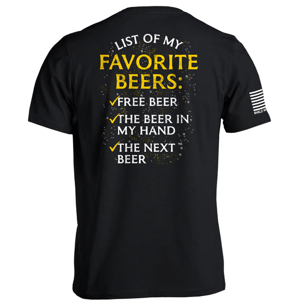 Black graphic T-shirt, back print: “List of My Favorite Beers” and beer list