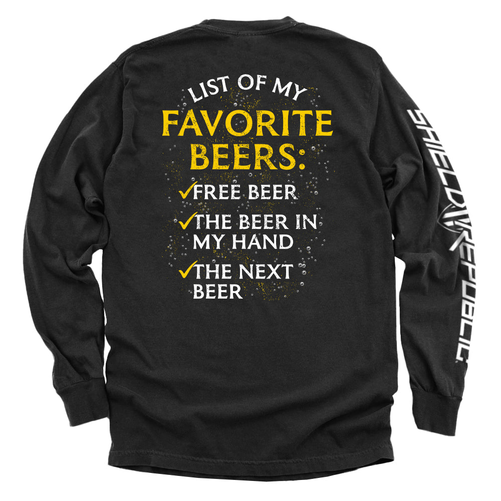 Black graphic long-sleeve shirt, back print: “List of My Favorite Beers”