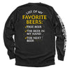 Black graphic long-sleeve shirt, back print: “List of My Favorite Beers”