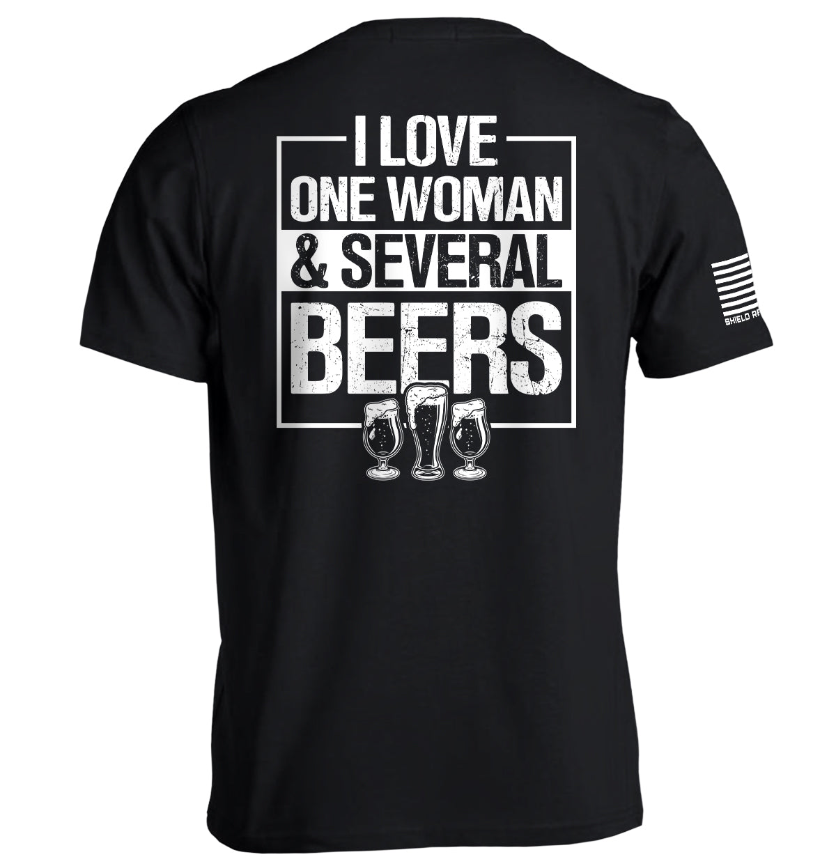 Black T-shirt with 'I LOVE ONE WOMAN & SEVERAL BEERS' back graphic and beer mugs
