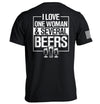 Black T-shirt with 'I LOVE ONE WOMAN & SEVERAL BEERS' back graphic and beer mugs
