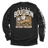Black long-sleeve shirt with back graphic: bourbon bottle, DRINK/BOURBON text, DEFEND FREEDOM