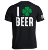 Black short-sleeve T-shirt with large "I BEER" and green clover design on back