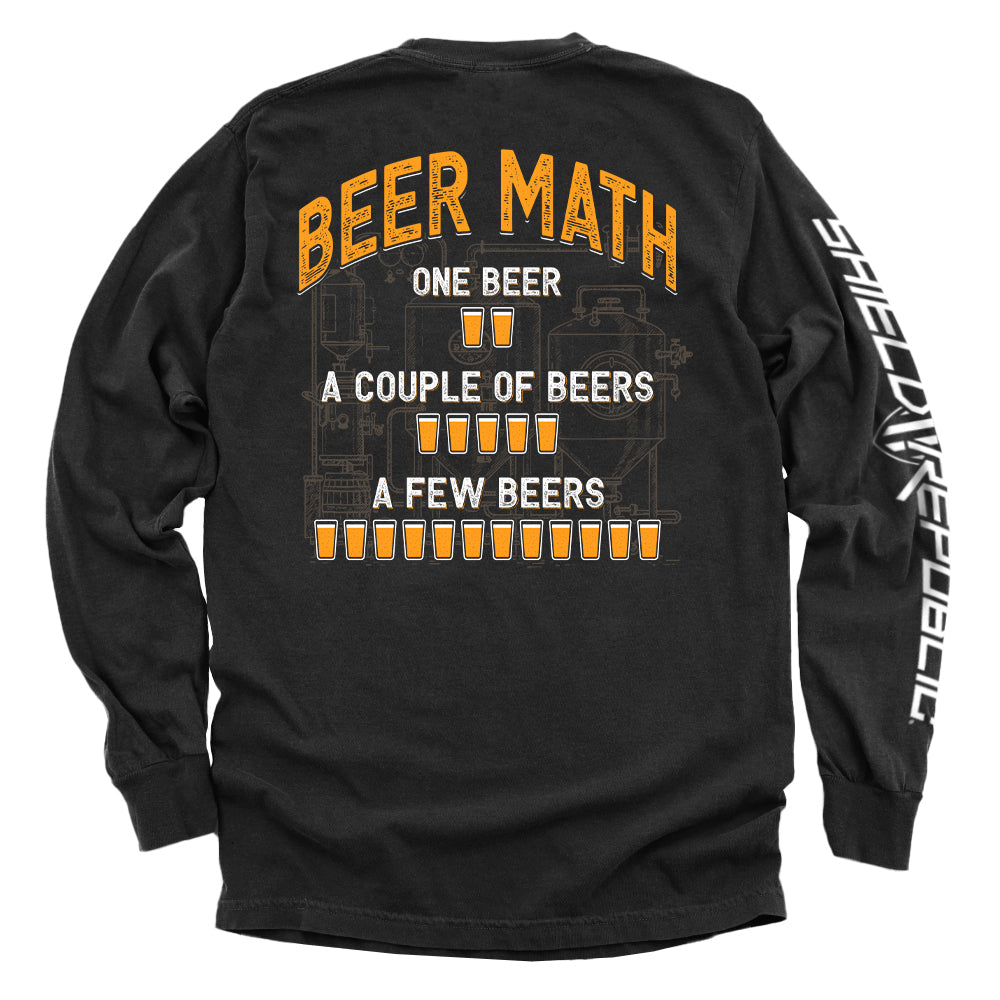 Graphic black long-sleeve shirt with orange beer-themed back print and white sleeve stripe