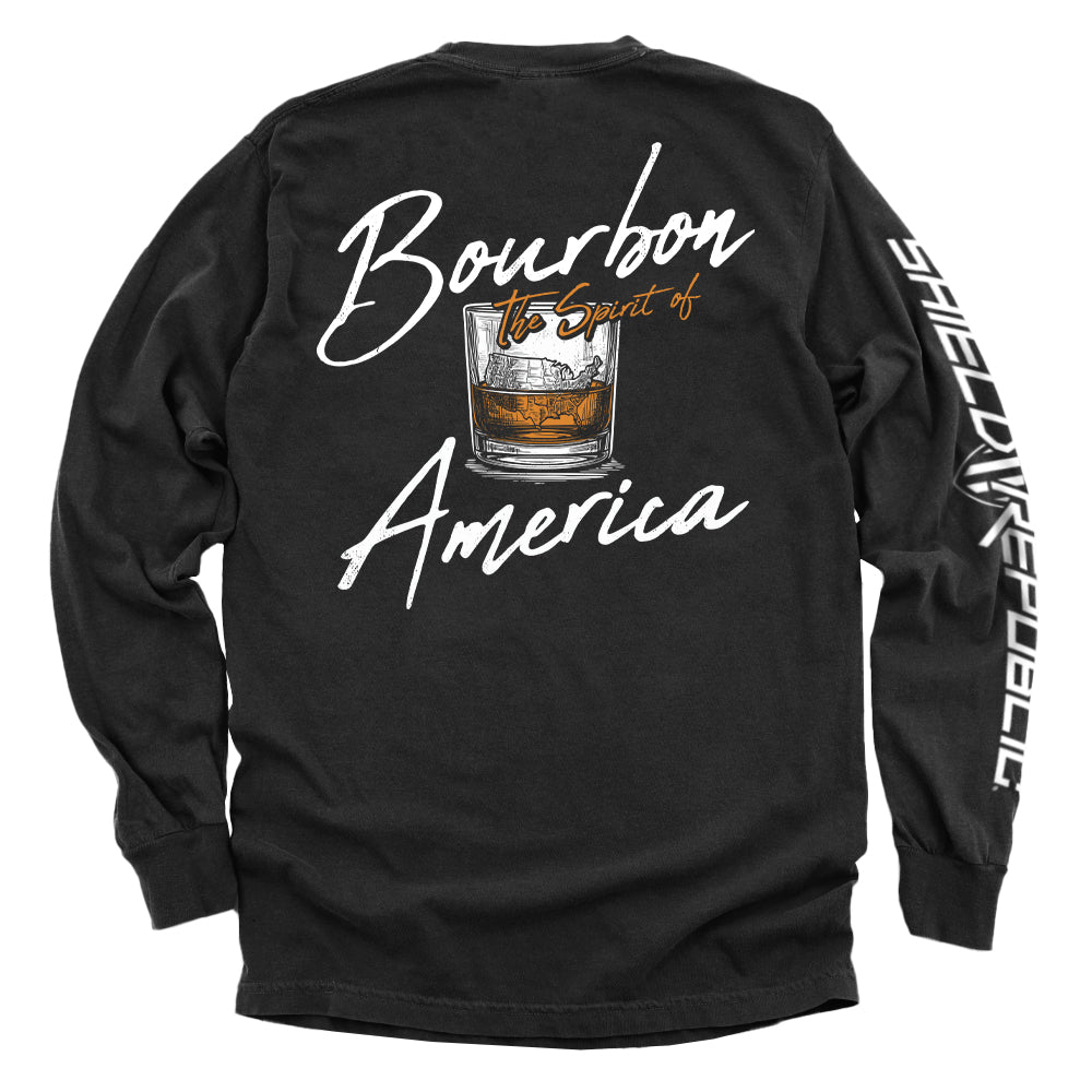 Black long-sleeve tee with Bourbon the Spirit of America back graphic