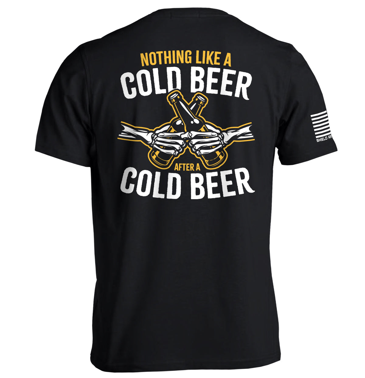 Black short-sleeve tee, back text 'NOTHING LIKE A COLD BEER' with beer-bottle graphic