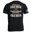 Black short-sleeve tee, back text 'NOTHING LIKE A COLD BEER' with beer-bottle graphic