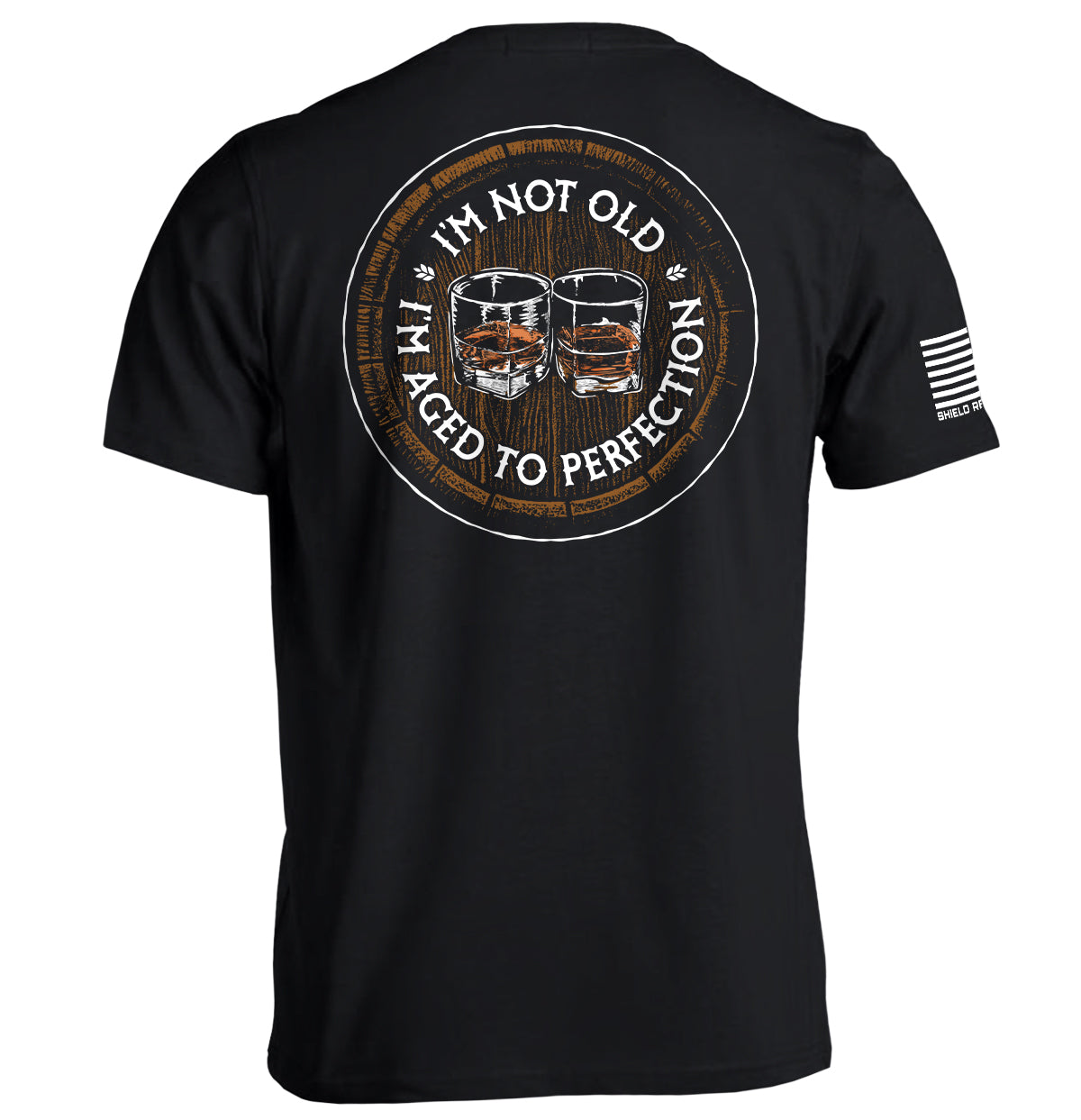Black graphic T-shirt with circular bourbon-barrel slogan print on back