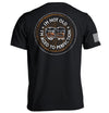 Black graphic T-shirt with circular bourbon-barrel slogan print on back