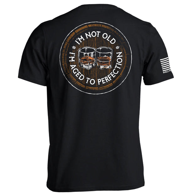 Black graphic T-shirt with circular bourbon-barrel slogan print on back