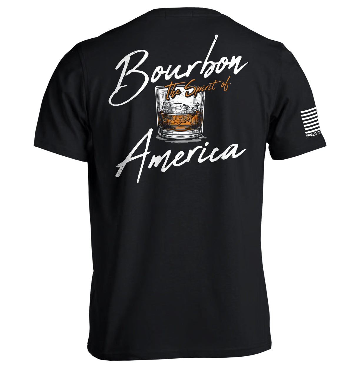 Black T-shirt with Bourbon the Spirit of America back graphic and sleeve detail