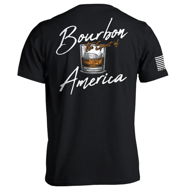 Black T-shirt with Bourbon the Spirit of America back graphic and sleeve detail