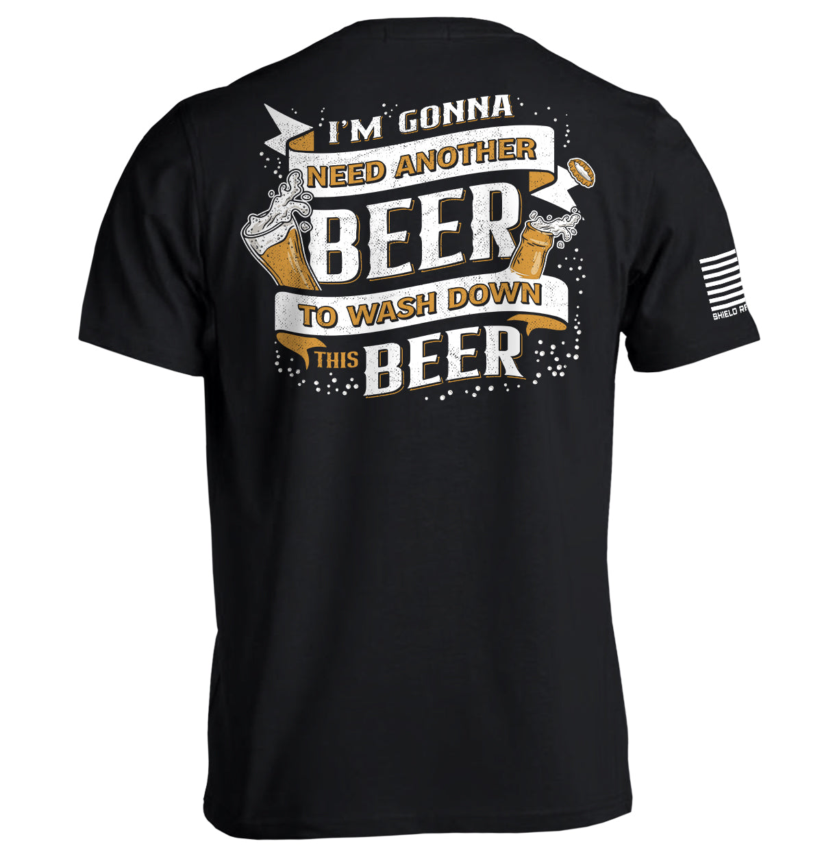 Black short-sleeve T-shirt with back beer slogan graphic and white sleeve stripe
