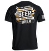 Black short-sleeve T-shirt with back beer slogan graphic and white sleeve stripe