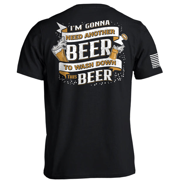 Black short-sleeve T-shirt with back beer slogan graphic and white sleeve stripe
