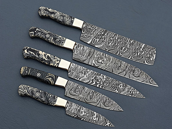 Damascus Steel Chef Knife Set of 5 – Black Pattern Handles For the Chef Orklo Knives