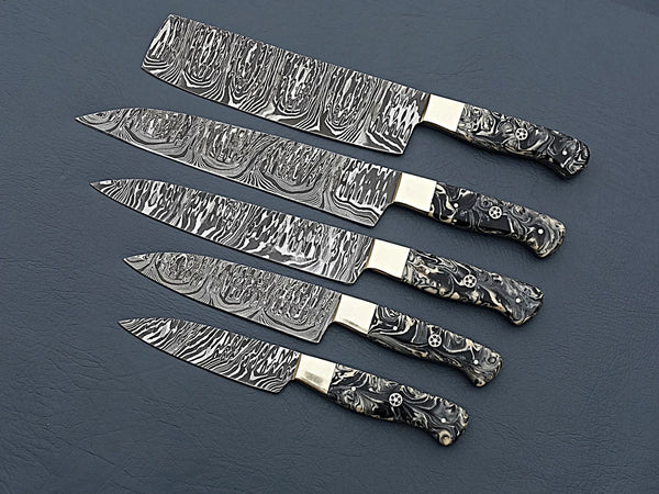 Damascus Steel Chef Knife Set of 5 – Black Pattern Handles