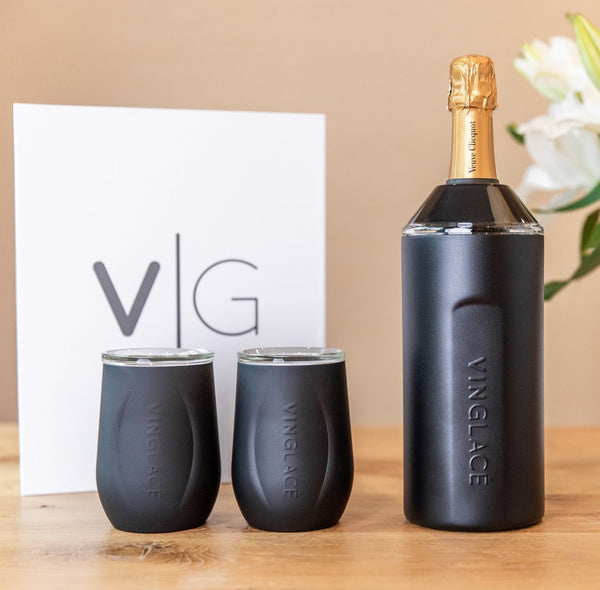 Gift set bottle cooler and two wine tumblers, black finish