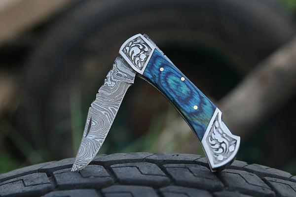 Damascus Steel Folding Pocket Knife – Blue Handle