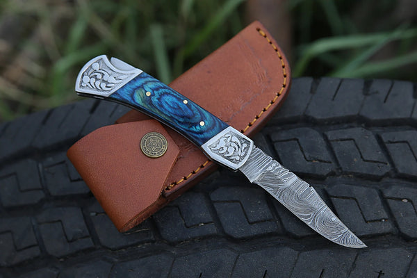 Damascus Steel Folding Pocket Knife – Blue Handle For the Outdoorsman Orklo Knives