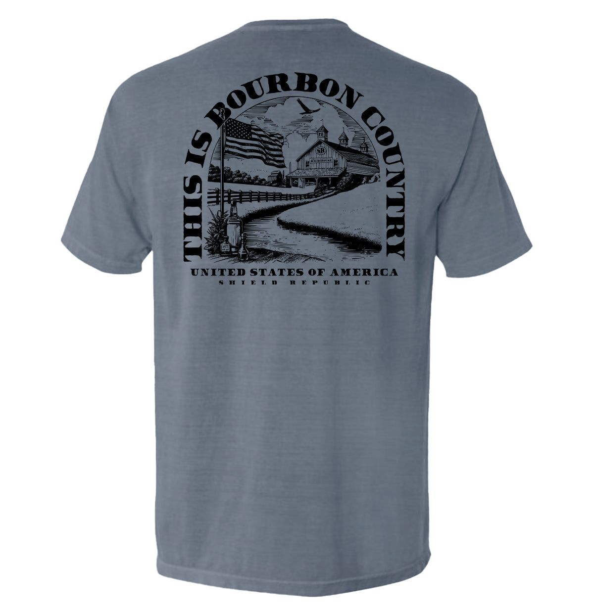 Blue jean short-sleeve T-shirt with large back Bourbon Country graphic print