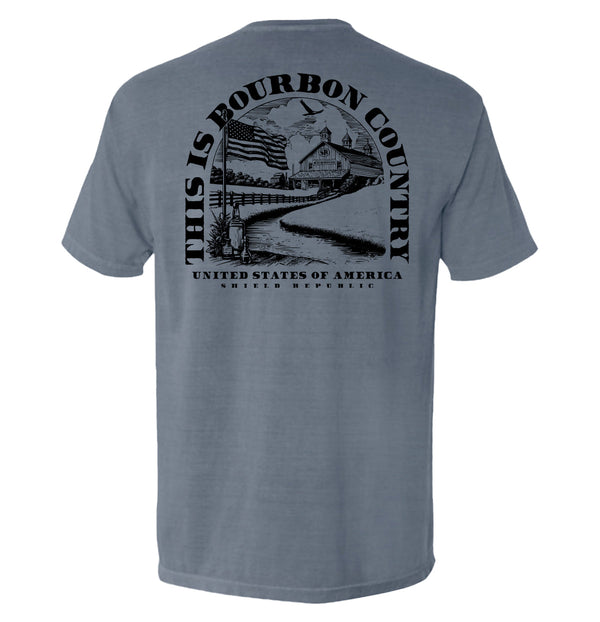 Blue jean short-sleeve T-shirt with large back Bourbon Country graphic print