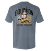 Blue-gray T-shirt with back graphic: bourbon bottle, DRINK/BOURBON text, DEFEND FREEDOM