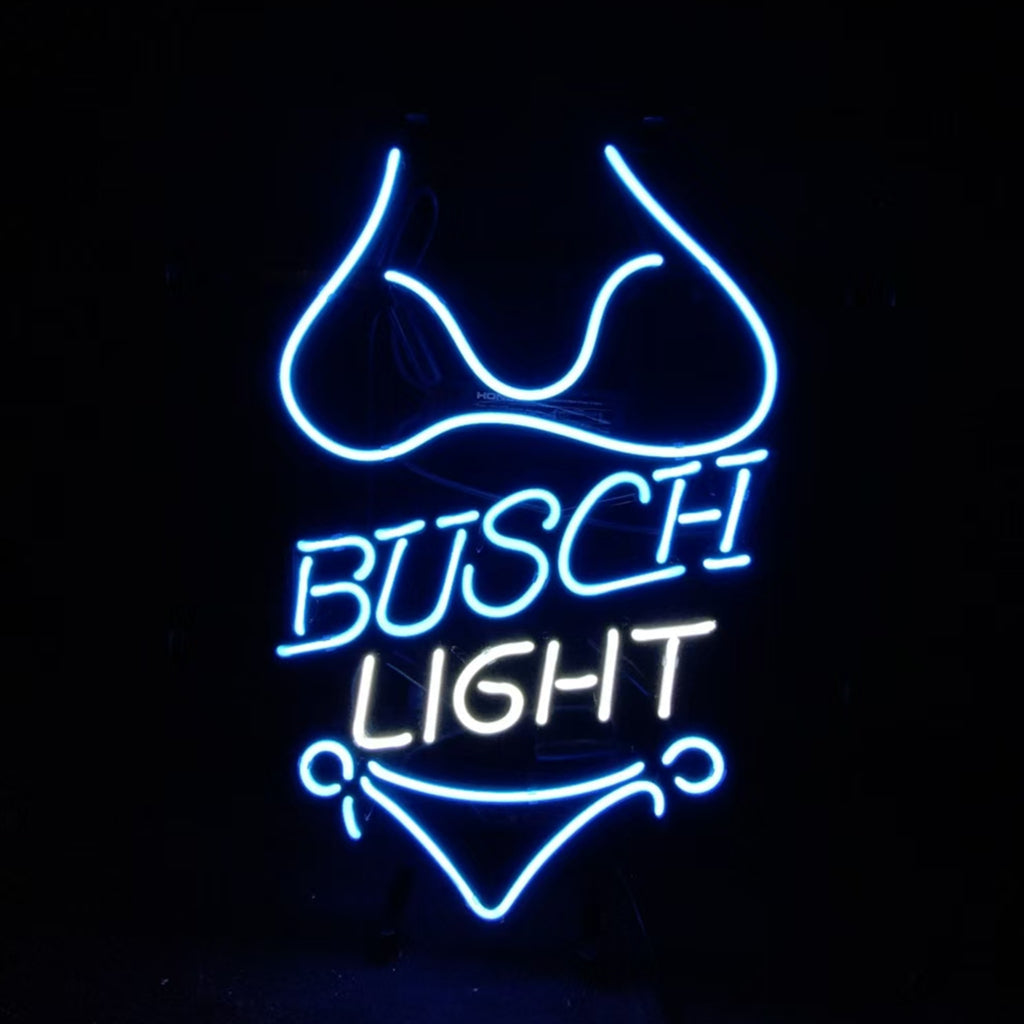 Neon bikini light sign with BUSCH LIGHT text, blue glow