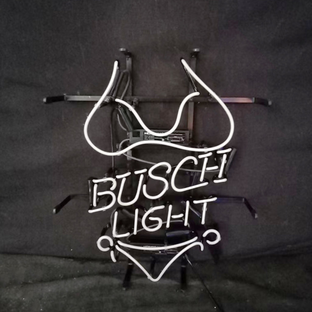 Neon light bikini sign with BUSCH LIGHT lettering, white glow